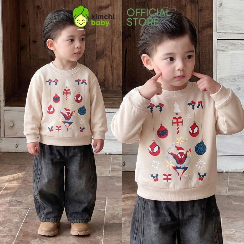 [10-29KG] Áo Sweater Cho Bé Trai Kimchibaby Vải Nỉ 2 Da Cao Cấp Siêu Ấm Dày Dặn Họa Tiết Nhện Giáng Sinh Noel AN601