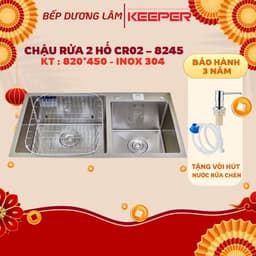 Chậu rửa bát Keeper CR02-8245C | Chậu rửa bát 2 hố inox 304 | Hàng chính hãng|Tặng đầu vòi hút nước rửa chén 1