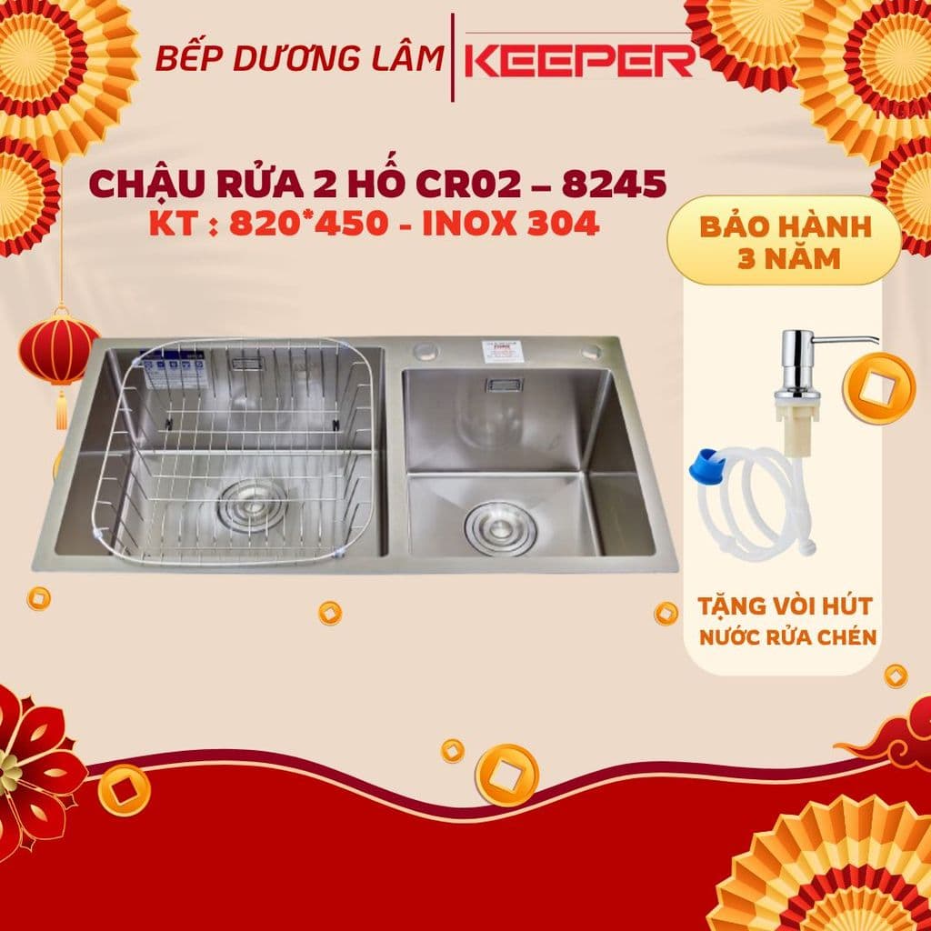 Chậu rửa bát Keeper CR02-8245C | Chậu rửa bát 2 hố inox 304 | Hàng chính hãng|Tặng đầu vòi hút nước rửa chén