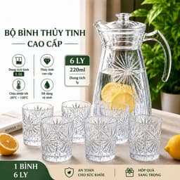 [ HANA] Bộ Bình Cốc Thuỷ Tinh Chịu Nhiệt Họa Tiết Hoa Kim Cương Kèm 6 Cốc Nước Màu Trắng Dung Tích 1800ml 2