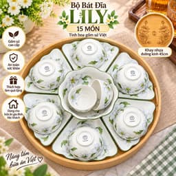Bộ Bát Đĩa Hoa Mặt Trời 15 Món Gốm Sứ Cao Cấp, Họa Tiết Hoa Trắng Viền Xanh Kèm Khay Sen Trang Trọng,Chén Đĩa Gia Đình 3