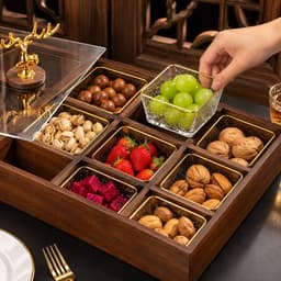 Khay Gỗ Melamine Đựng Bánh Mứt Cao Cấp Hộp 6 Ngăn Có Hũ Nắp Meca Trong Suốt Trưng Bày Bàn Trà Sang Trọng 2