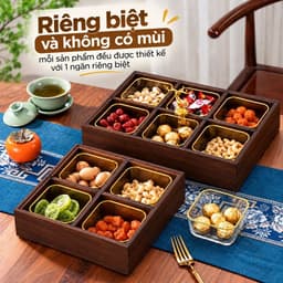 Hộp Đựng Bánh Kẹo Mứt Tết 6 Ngăn Sang Trọng, Khay Gỗ Vân Óc Chó Nắp Mica Trong Suốt, Hươu Vàng Tài Lộc Trang Trí Bàn Trà 4