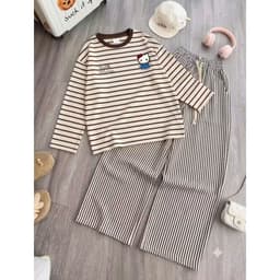 SÉT BỘ QUẦN KẺ VẰN DÁNG DÀI + MIX ÁO KẺ  SỌC NGANG DÀI TAY hình KITY in ngu c 3