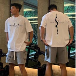 Áo thun nam dáng suông rộng in điện tâm đồ vết nứt chất cotton thoáng khí thiết kế tối giản phong cách thể thao 1