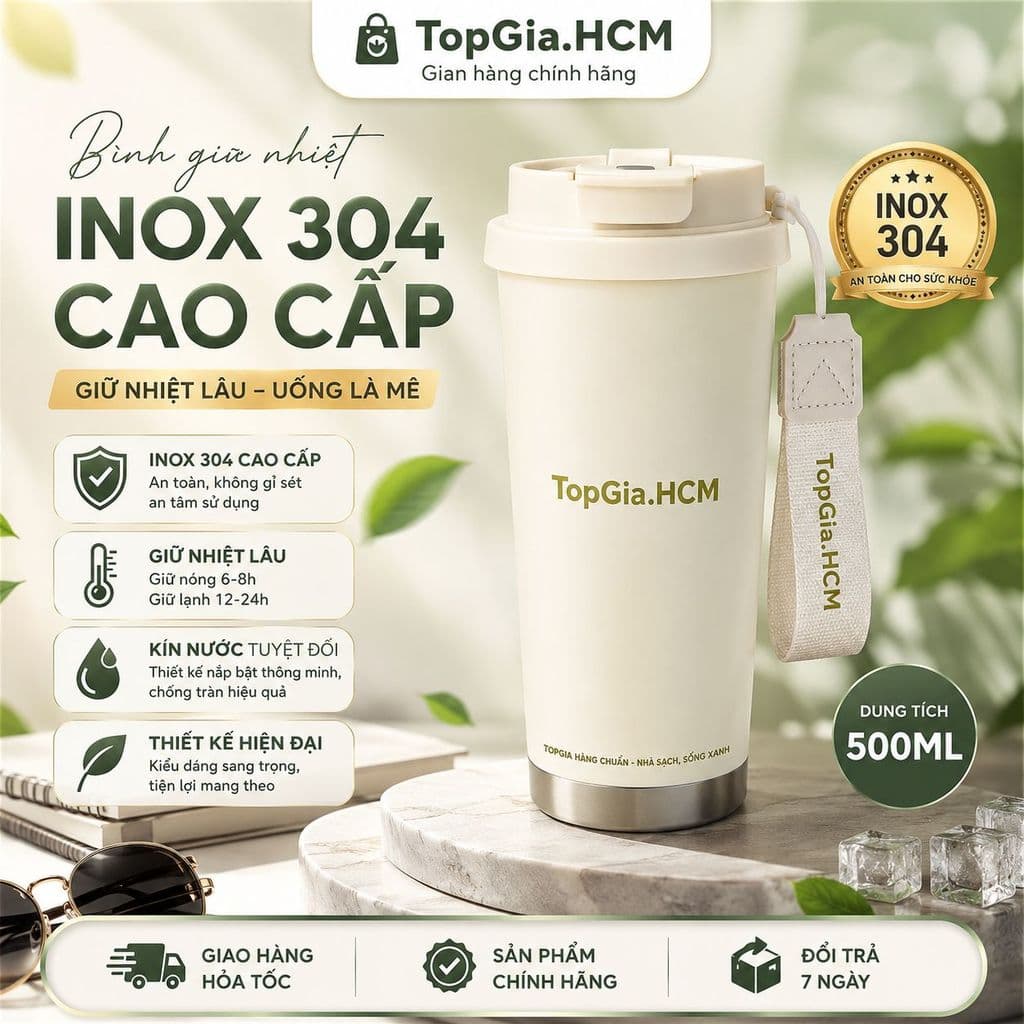 Bình Giữ Nhiệt TopGia Premium 500ml Inox 304 – Sang Trọng, Tiện Dụng, Giữ Nhiệt Lâu, thiết kế dây đeo tiện lợi.
