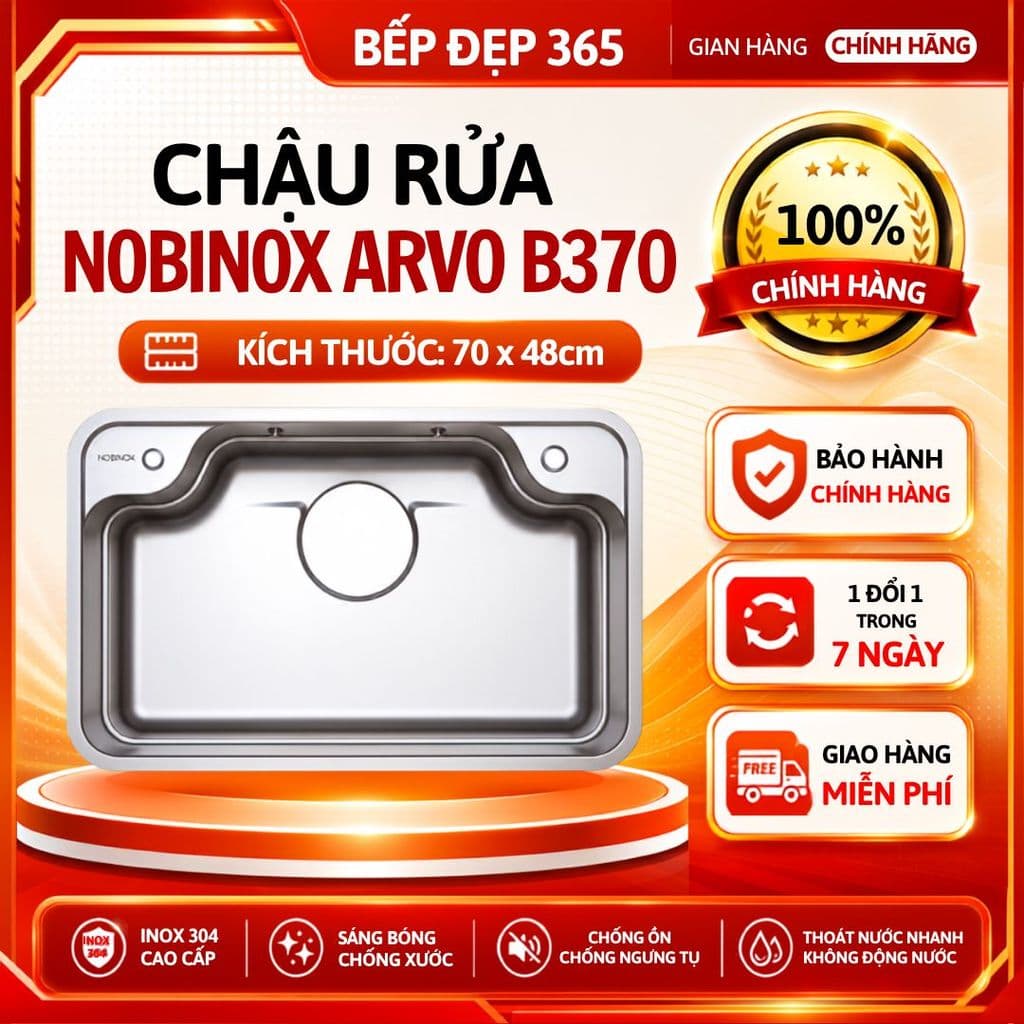 Chậu rửa 1 hố cao cấp NOBINOX ARVO B370 | Kích thước 70 X 48 CM |HÀNG CHÍNH HÃNG