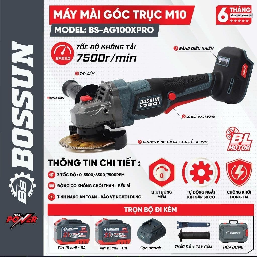 1 Máy Mài, Máy Cắt Pin BS BOSSUN BS-AG100XPRO, 3 Tốc Độ Tùy Chỉnh - Có Chống Sốc Đá, Khởi Động Mềm