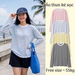 Áo thun cổ tròn thun giấy xước mỏng form rộng dài tay thu đông màu kẻ sọc hot trend  AS 8 43 65 1