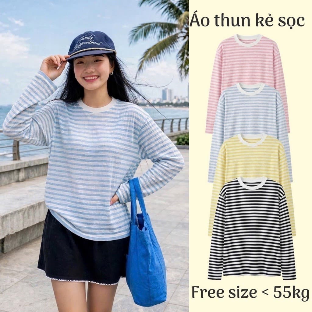 Áo thun cổ tròn thun giấy xước mỏng form rộng dài tay thu đông màu kẻ sọc hot trend  AS 8 43 65