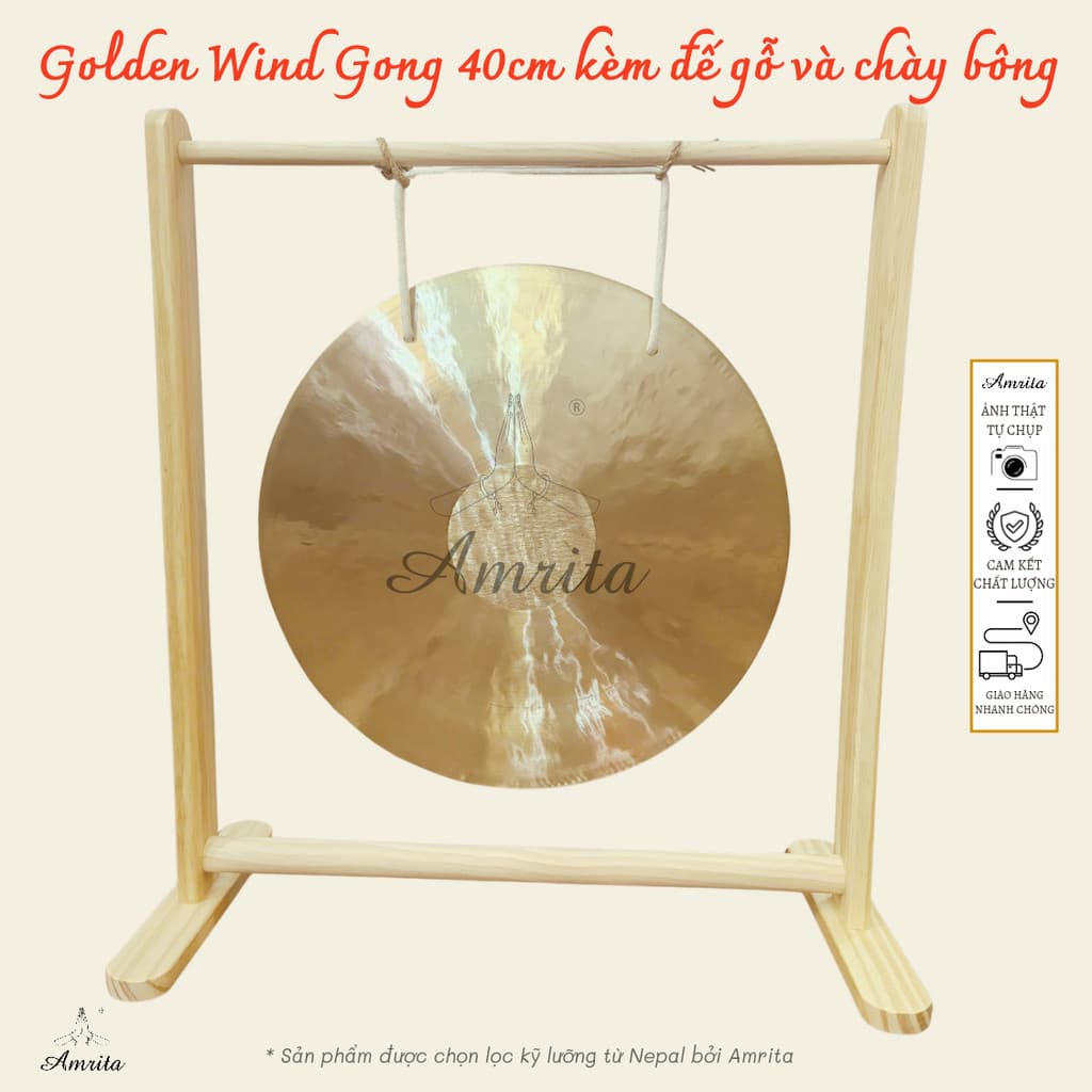 [Amrita] [Hàng Sẵn] Golden Wind Gong 40cm kèm đế gỗ và chày bông - CXNP533