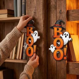 HOUCHU Halloween Ma Mặt Dây, Gỗ 2D Flat Ma Phù Thủy Mũ Móc Treo Cửa, Trang Trí Ngày Lễ Gothic Dày Gỗ Chắc Chắn Có Dây BOO Thư Trang Trí Tường Trang Trí Nhà 5