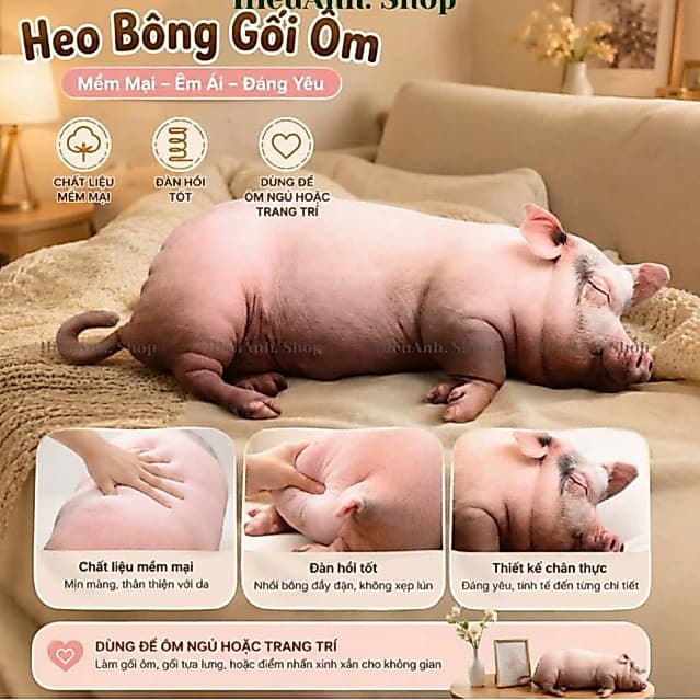 Gối Ôm Heo Hồng 3D Siêu Mềm Dễ Thương – Gối Ôm Ngủ Kích Thước 60cm và 40cm Giúp Bạn Có Giấc Ngủ Ngon