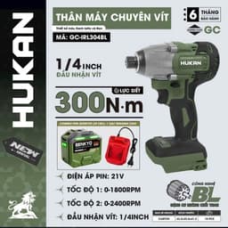 1 Máy chuyên vít pin HUKAN GC-IRL304BL, Không chổi than, 300 Nm, 2 tốc độ, Đầu ngậm vít 1/4 1