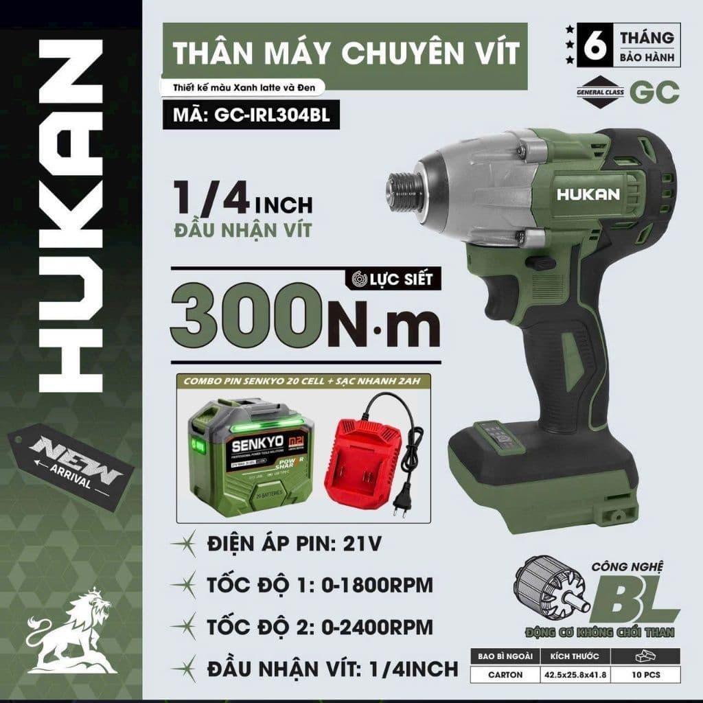 1 Máy chuyên vít pin HUKAN GC-IRL304BL, Không chổi than, 300 Nm, 2 tốc độ, Đầu ngậm vít 1/4