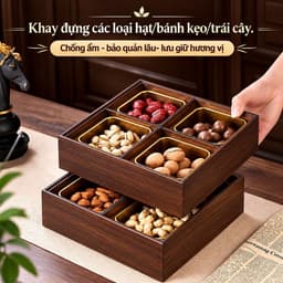 Khay đựng bánh kẹo nhiều ngăn đa năng, gỗ Melamine màu Óc Chó Hộp Đựng Mứt Tết Bánh Kẹo 6 Ngăn Kèm 6 Hũ Nhựa Viền Vàng 6
