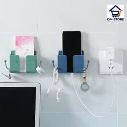 Giá Đỡ Dán Tường Để Sạc Điện Thoại, Đựng Đồ Kèm 2 Móc Treo Đồ QM-STORE 4