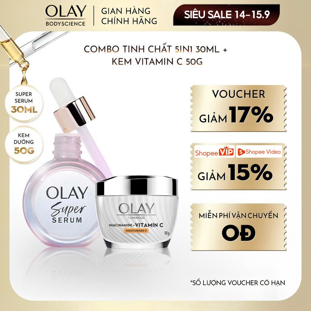 [KOL] Combo Super Serum OLAY 5IN1 Chai 30ml + Kem Dưỡng Luminous Niacinamide & Vitamin C Mờ Thâm Dưỡng Sáng Da 50G