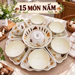 Bộ Bát Đĩa Hoa Mặt Trời 15 Món Họa Tiết Nấm Nâu Kèm Khay Sen 45cm – Bộ Chén Đĩa Gốm Sứ Cao Cấp Trang Trí Mâm Cơm Cúng 2
