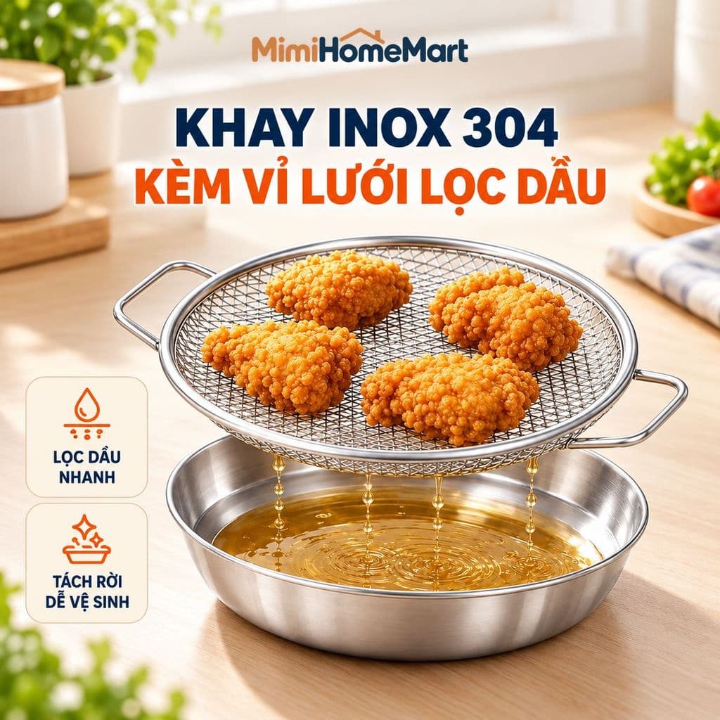 Vỉ Lọc Dầu Inox Kèm Khay Đĩa 20cm MimiHomeMart - Hỗ Trợ Ráo Dầu Thực Phẩm Khi Chiên Rán