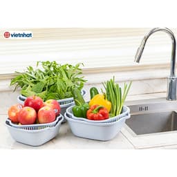 Bộ Rổ Nhựa Vuông Kèm Thau Đựng Rau Củ Quả VIỆT NHẬT 3288/89/90  - DOMUS 3