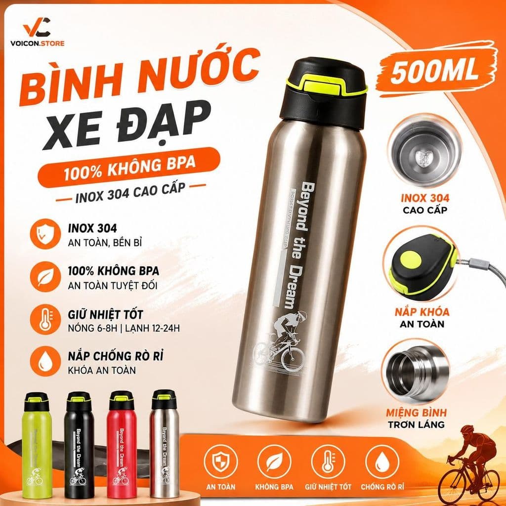 Bình Nước Xe Đạp 500ML Thép Không Gỉ 304, Cốc Giữ Nhiệt Hai Lớp, Ống Hút Tiện Dụng, An Toàn Không BPA, VOICON-[LA88]