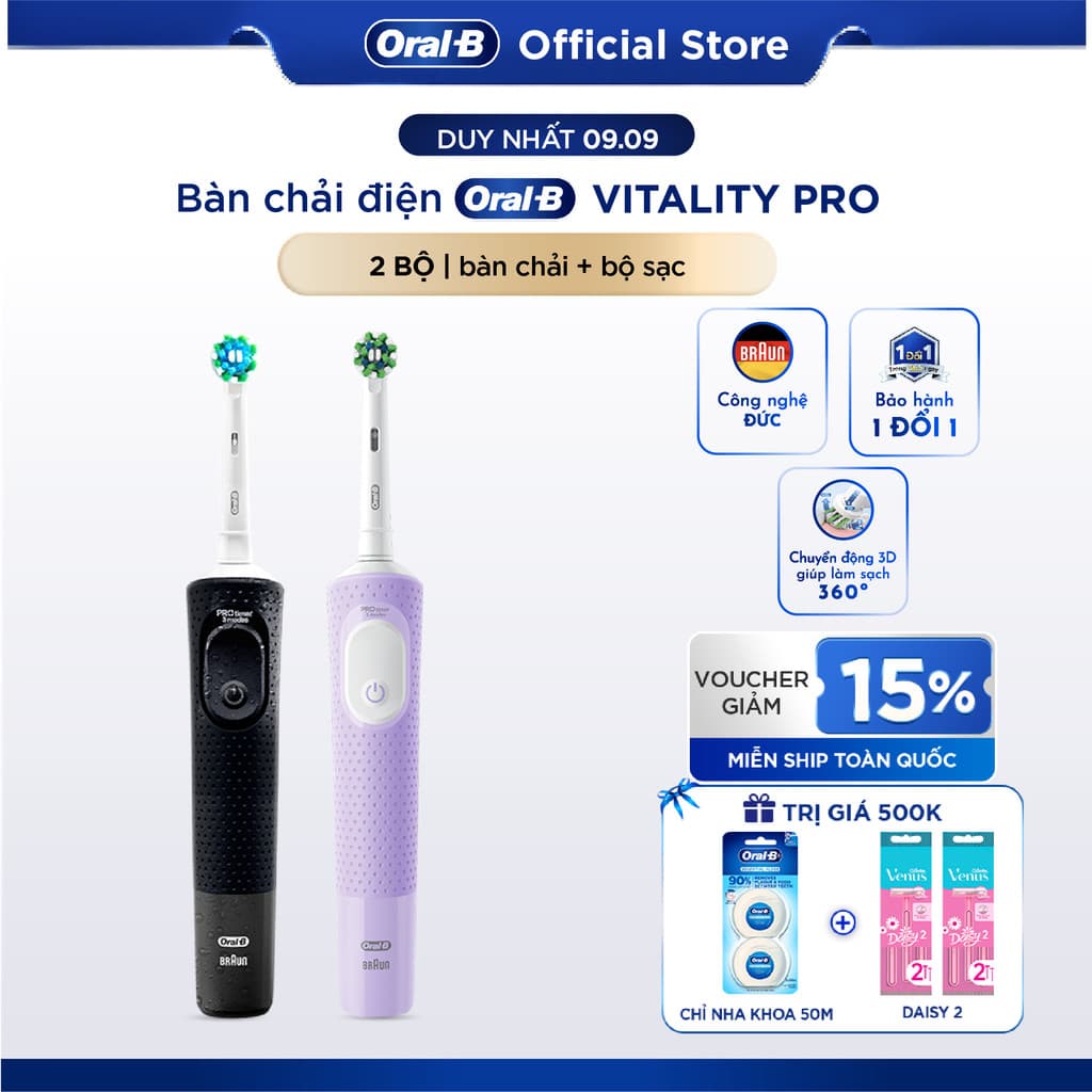 [KOL] Combo Couple 2 Bàn Chải Điện ORAL-B VITALITY Pro 3 CHẾ ĐỘ giúp làm Sạch Sâu Từng Kẽ Răng