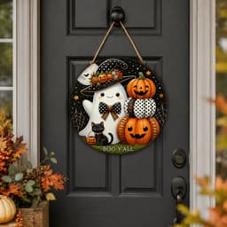LINSBAYWU Trang trí cửa Halloween, Trang trí tường phẳng 2D bằng gỗ, Nghệ thuật treo tường Ma bí ngô mèo phù thủy hình tròn treo trang trí tiệc Halloween 8