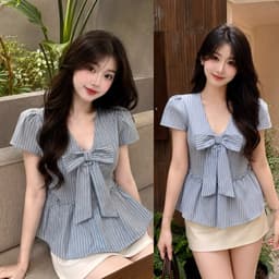 Áo sơ mi dáng babydoll đính nơ to kẻ sọc TM007 8