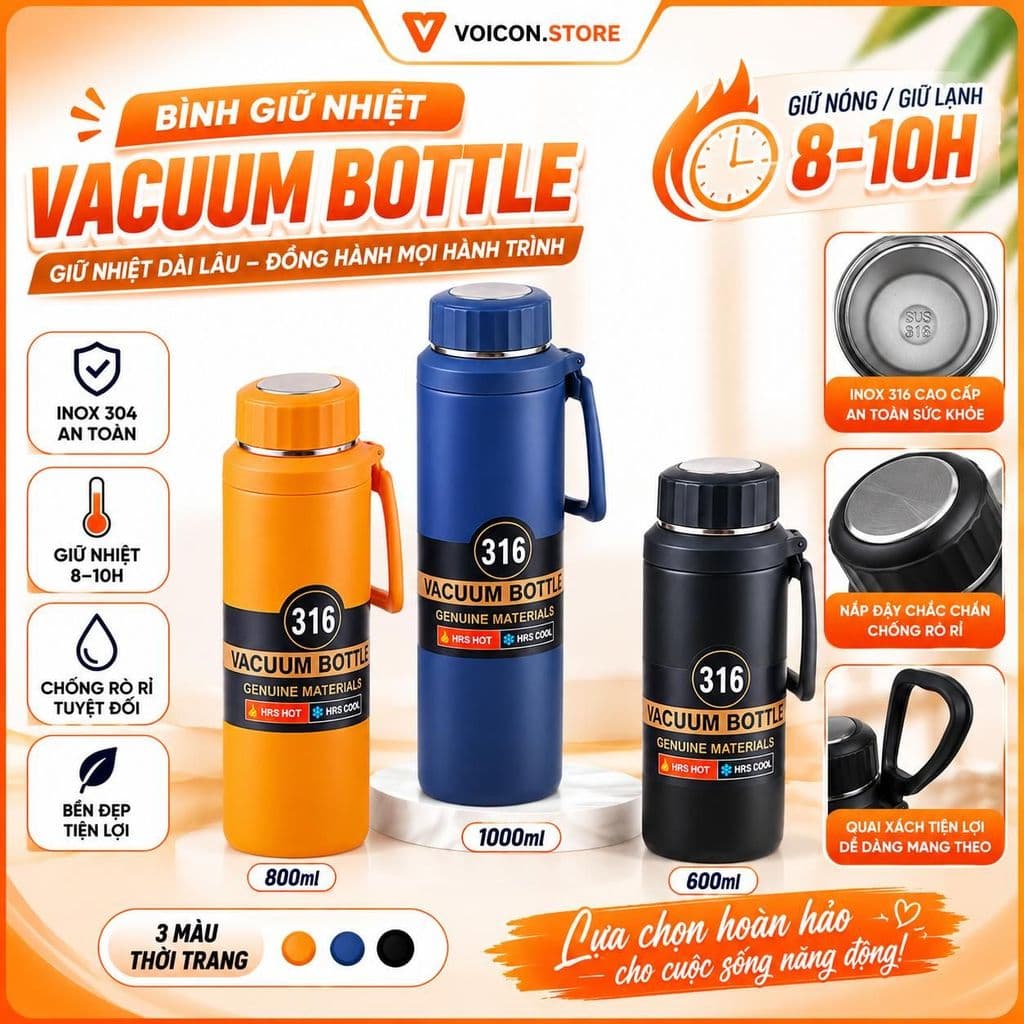 Bình Giữ Nhiệt VACUUM BOTTE Inox 316 Dung Tích 800/1000ml - Giữ Nhiệt Lâu, Dùng Cho Nam Nữ -[VOICON-[LA88]
