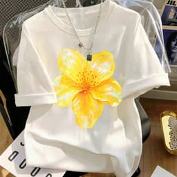 Hot trend Áo thun nữ phong cách thanh lịch tươi mát, cổ tròn tay ngắn in hoa vàng lớn phù hợp đi chơi hàng ngày 5