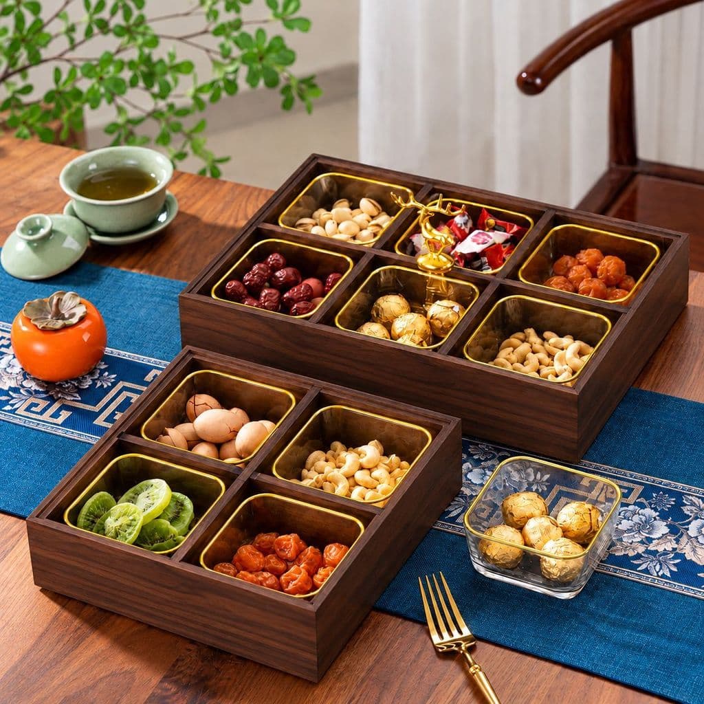 Khay đựng bánh kẹo, mứt Tết, hạt chia ngăn riêng biệt bằng  Gỗ phủ Melamine cao cấp có nắp đậy Tết sum vầy