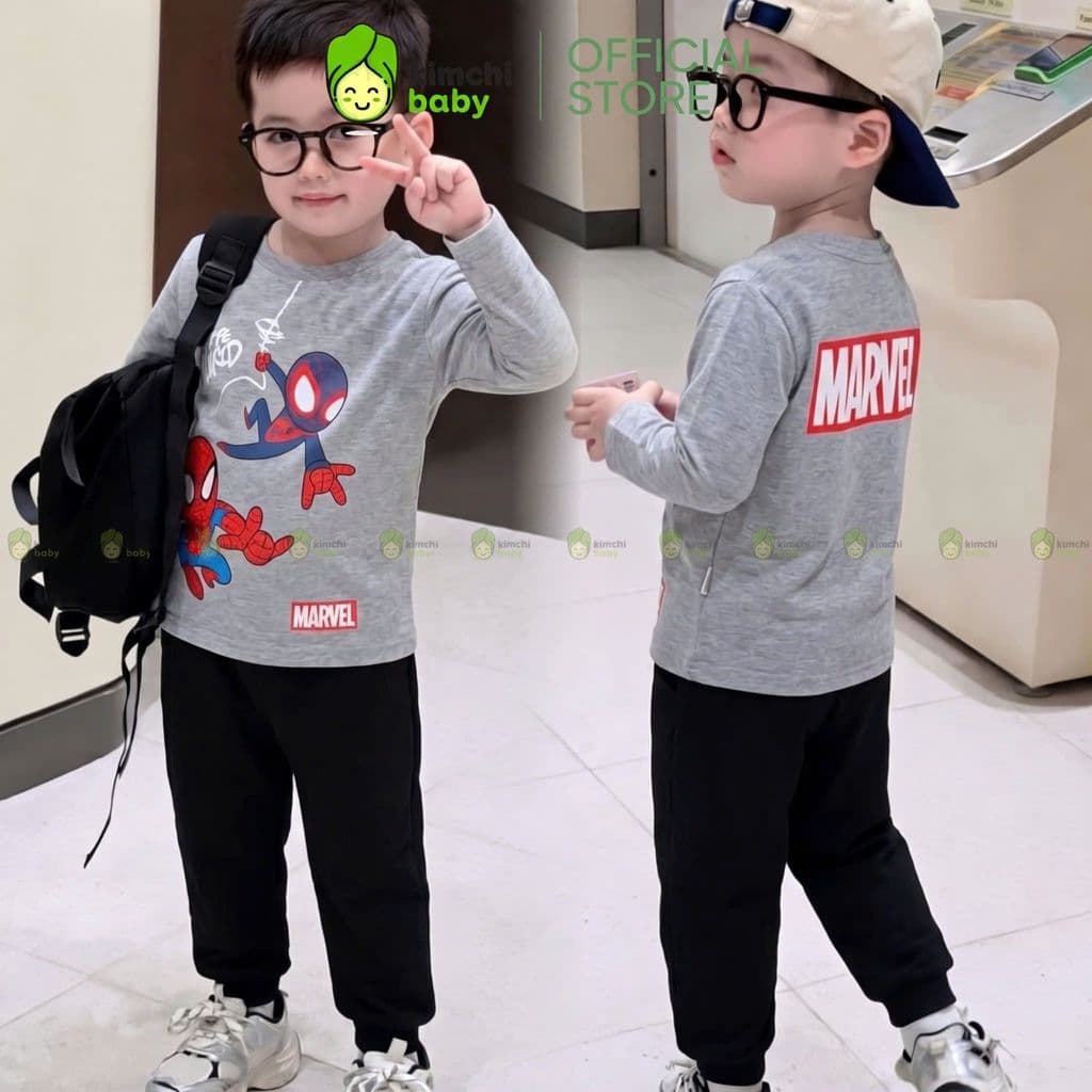 [10-29KG] Bộ Dài Tay Cho Bé Trai KIMCHIBABY Vải Cotton Cao Cấp 190gsm Mềm Mịn Họa Tiết Siêu Nhân Người Nhện Bắn Tơ KD601