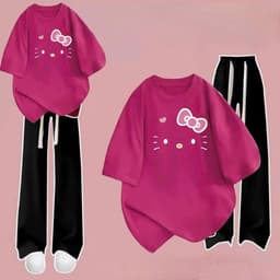 [ MỞ BÁN GIẢM 60% ] sét bộ đồ quần dài dây to đen+ mix áo phông form rộng màu HỒNG thêu cao xinh 1