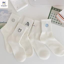 Set 5 Đôi Tất Nữ Cổ Cao Cotton Tông Trắng Mặt Cười Xanh Hình Cute -Phong Cách Hàn Quốc. 1
