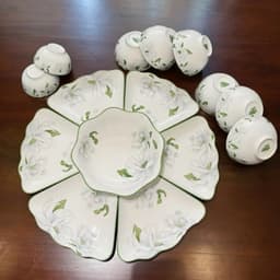Bộ Bát Đĩa Hoa Mặt Trời 15 Món Gốm Sứ Cao Cấp, Họa Tiết Hoa Trắng Viền Xanh Kèm Khay Sen Trang Trọng,Chén Đĩa Gia Đình 8