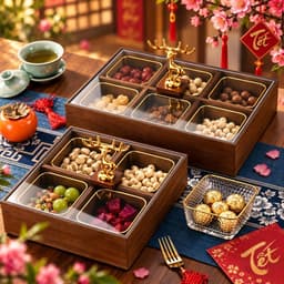 Khay đựng bánh kẹo và hạt chất liệu gỗ Melamine màu óc chó chia ngăn sang trọng, Khay đựng hoa quả,trà, bánh kẹo 1