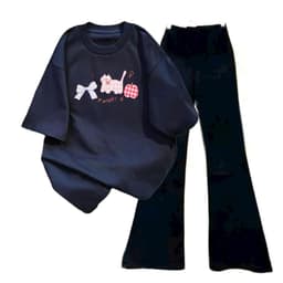 sét bộ quần ống loe dáng dài chất co dãn + mix áo phông form rộng tay lỡ -màu xanh than-quả táo 1