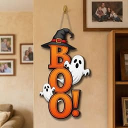 HOUCHU Halloween Ma Mặt Dây, Gỗ 2D Flat Ma Phù Thủy Mũ Móc Treo Cửa, Trang Trí Ngày Lễ Gothic Dày Gỗ Chắc Chắn Có Dây BOO Thư Trang Trí Tường Trang Trí Nhà 7