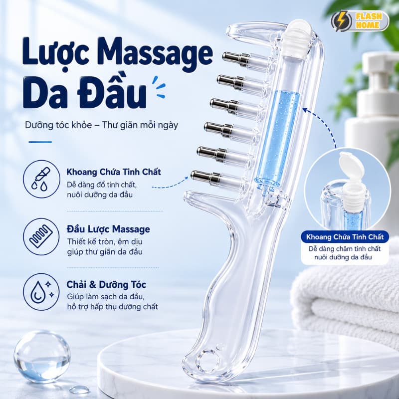 Lược Massage Da Đầu Có Khoang Chứa Tinh Chất HOMEFL - Lược Chải Đầu Kích Thích Mọc Tóc Chăm Sóc Da Đầu