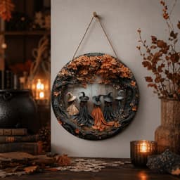 LINSBAYWU Trang trí cửa Halloween, Trang trí tường phẳng 2D bằng gỗ, Nghệ thuật treo tường Ma bí ngô mèo phù thủy hình tròn treo trang trí tiệc Halloween 4