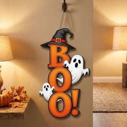 HOUCHU Halloween Ma Mặt Dây, Gỗ 2D Flat Ma Phù Thủy Mũ Móc Treo Cửa, Trang Trí Ngày Lễ Gothic Dày Gỗ Chắc Chắn Có Dây BOO Thư Trang Trí Tường Trang Trí Nhà 8