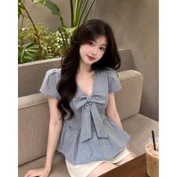 Áo sơ mi dáng babydoll đính nơ to kẻ sọc TM007 3
