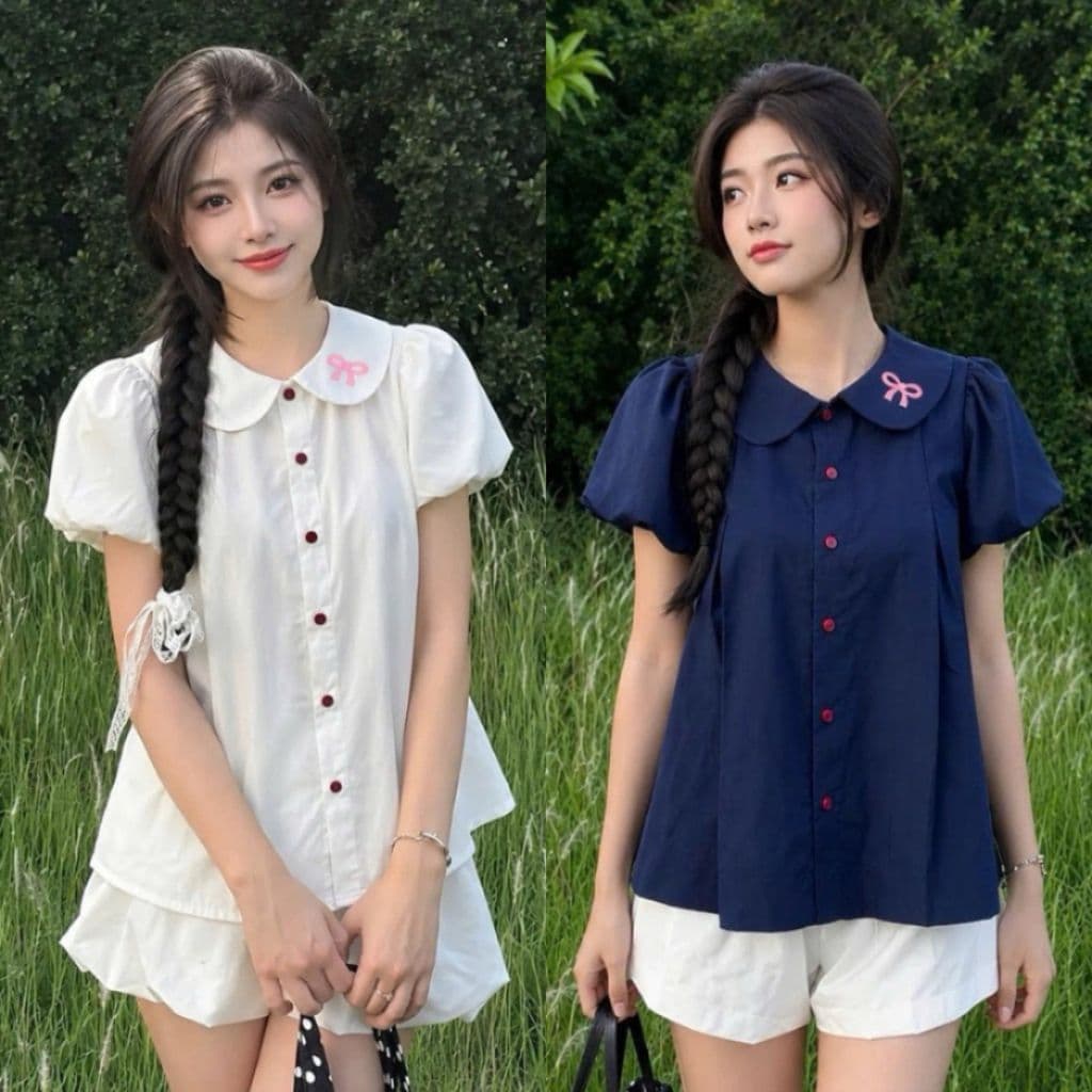 Áo sơ mi bèo quốc dân cổ sen tay bồng dáng babydoll in nơ hồng xinh đẹp SMZ93366