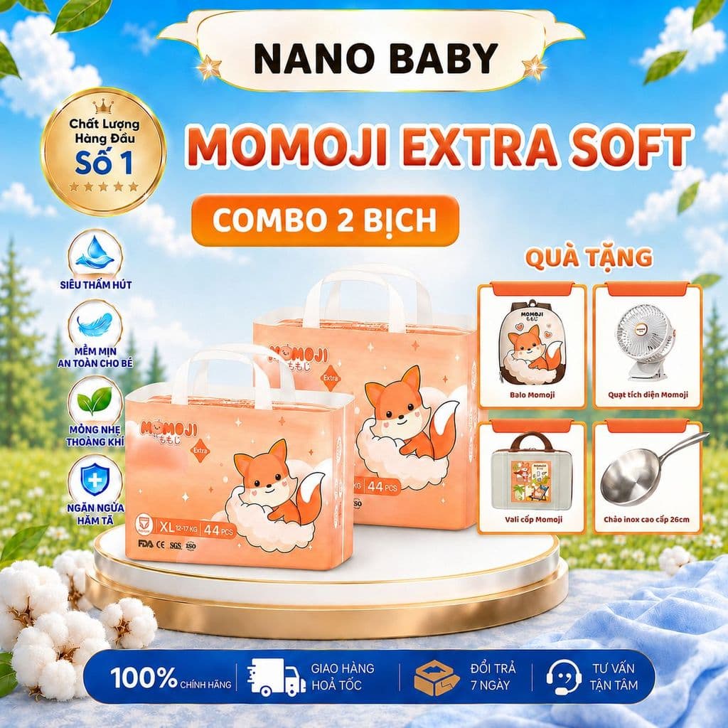 [Quà Đặc biệt ] Combo 2 bịch Tã/Bỉm dán/ Quần Momoji Extra Soft cao  cấp mỏng mềm siêu thấm hút