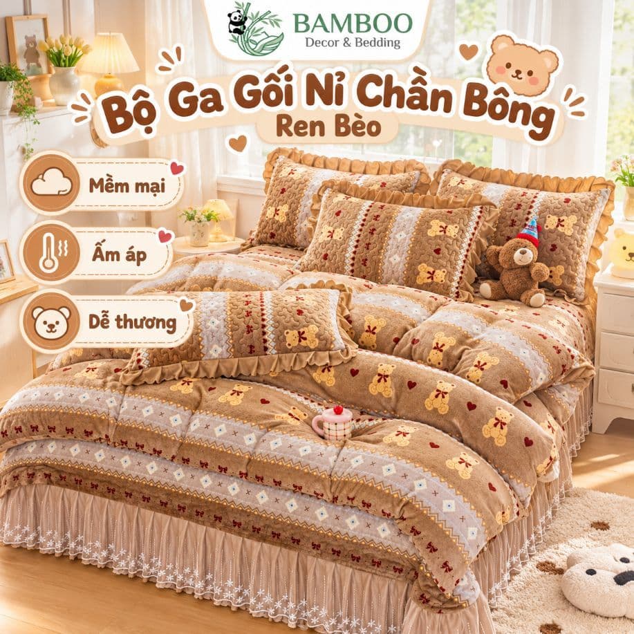 Sét Ga Gối Nỉ Phủ Bèo 3 Món 5d Xinh Xuất Sắc, Ga Trải Giường Họa Tiết Sinh Động Chất Nỉ Mềm Mại Shopgagoigiare.vn