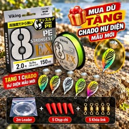 Dây Lure PE ViKing X8 StrongGest 150m Tặng Mồi CHADO Hư Diện, Leader, Chụp Chì, Snap, Link Chống Xoắn 1