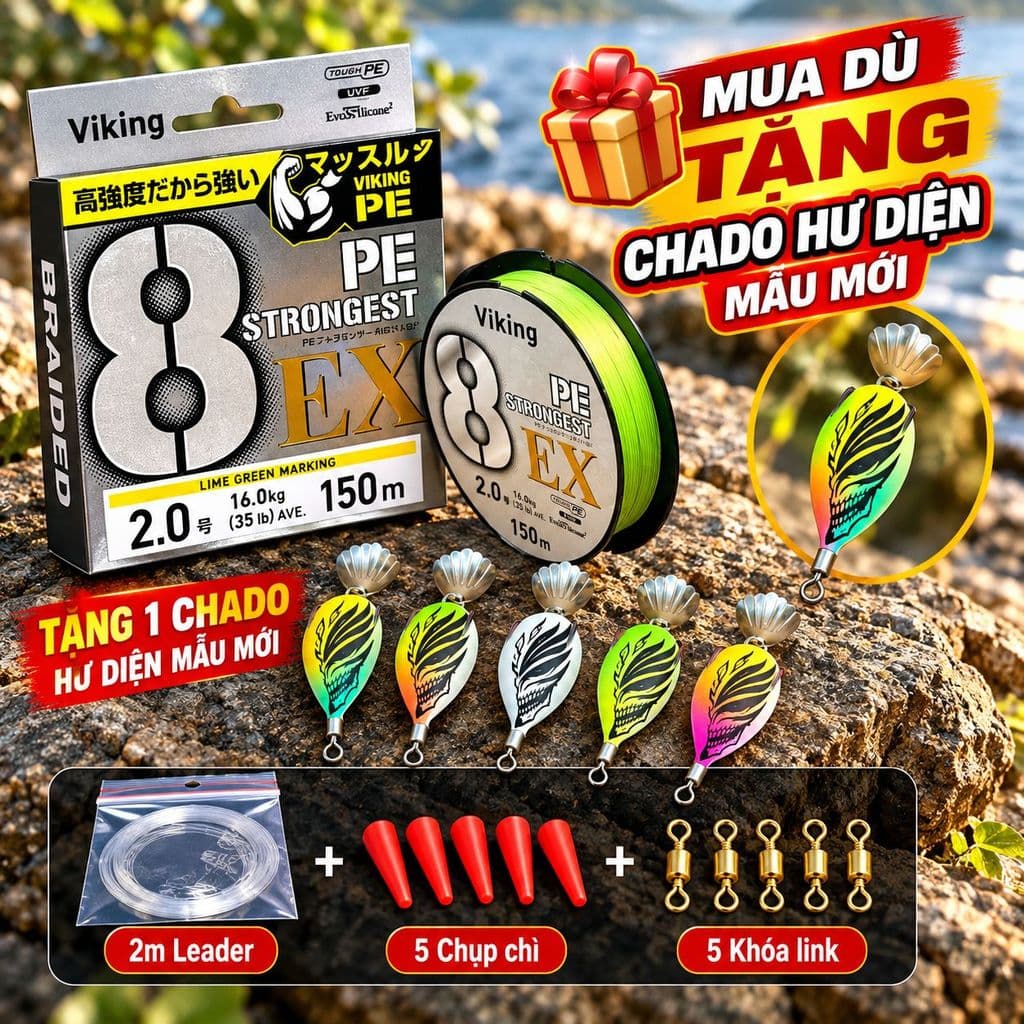 Dây Lure PE ViKing X8 StrongGest 150m Tặng Mồi CHADO Hư Diện, Leader, Chụp Chì, Snap, Link Chống Xoắn