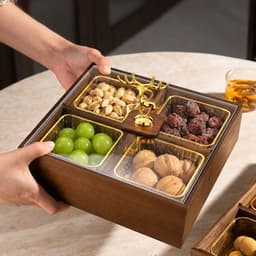 Khay Đựng Bánh Kẹo Mứt Tết 2027 Cao Cấp Chia 4 Ngăn 6 Ngăn Tiện Lợi, Hộp Gỗ Melamine Vân Óc Chó, Nắp Acrylic Chống Bụi 2