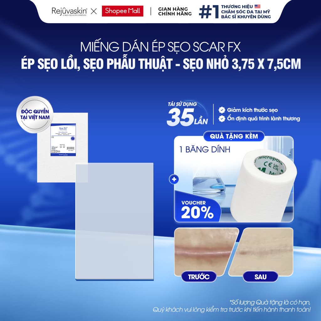 [3.75x7.5cm] Miếng Dán Sẹo Lồi Rejuvaskin Scar FX - Ngăn Ngừa & Ép Sẹo Phì Đại